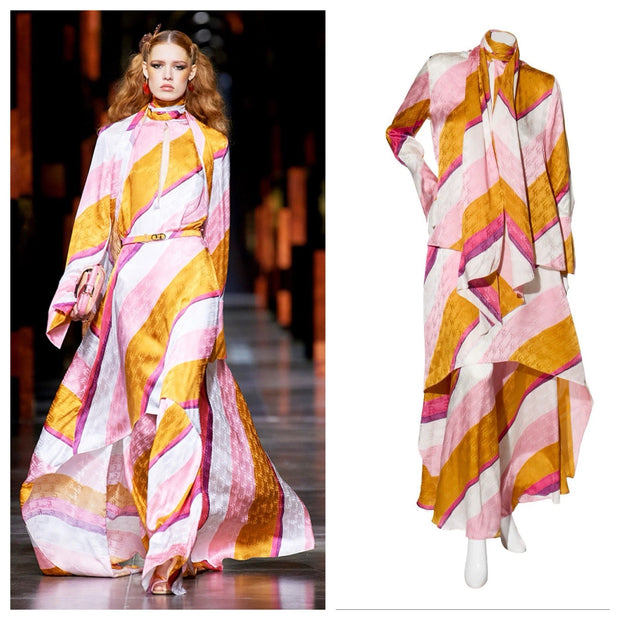 Fendi Spring 2022 Runway Silk Logo Pink Jacquard Stripe Set (Top & Pants), IT 40