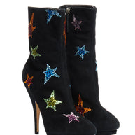 Giuseppe Zanotti Black suede high-heeled boots with colorful star patterns three quarter angle view on a white background