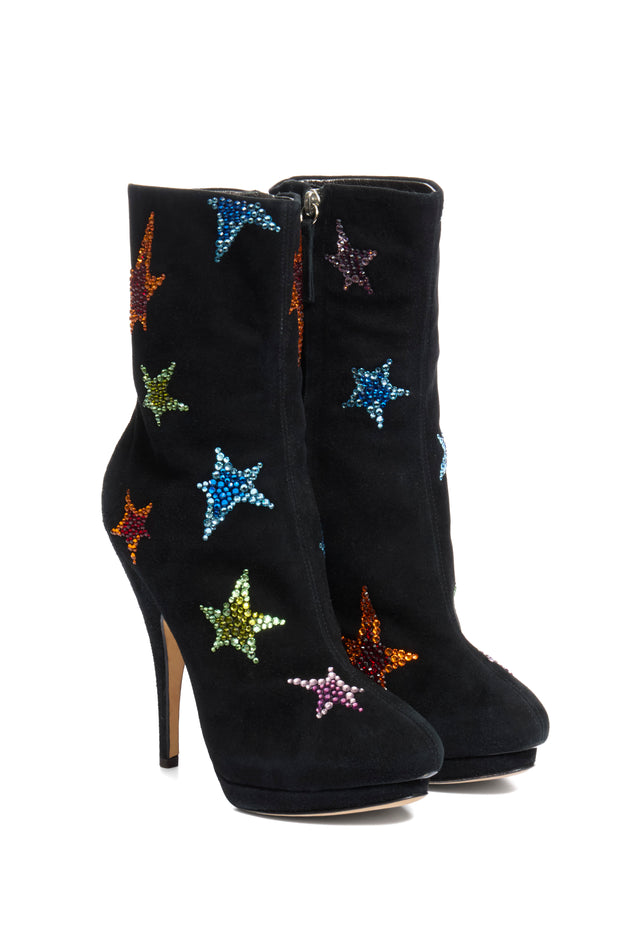 Giuseppe Zanotti Black suede high-heeled boots with colorful star patterns three quarter angle view on a white background