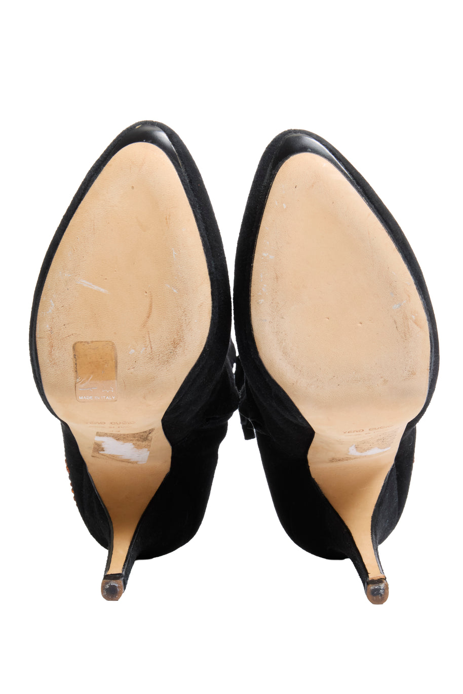 Black Giuseppe Zanotti suede high-heeled boots with multicolor embellished stars beige soles view on a white background