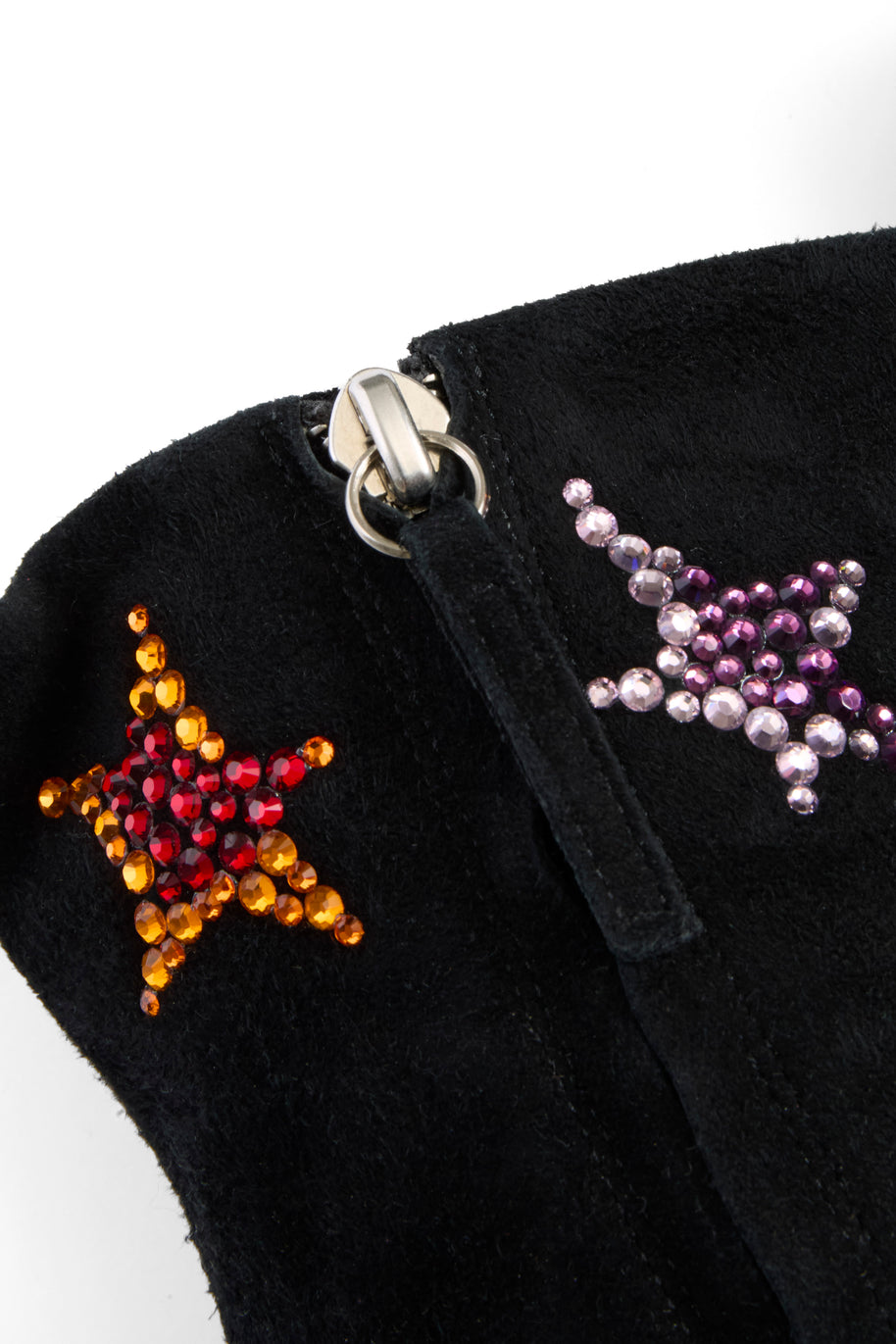 Black suede Giuseppe Zanotti boot with star-shaped embellishments close up of zip pull on a white background