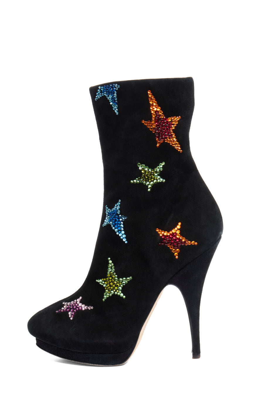 Giuseppe Zanotti Black high-heeled boot with colorful star designs left shoe outside side view on a white background