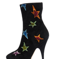 Giuseppe Zanotti Black high-heeled boot with colorful star designs left shoe outside side view on a white background