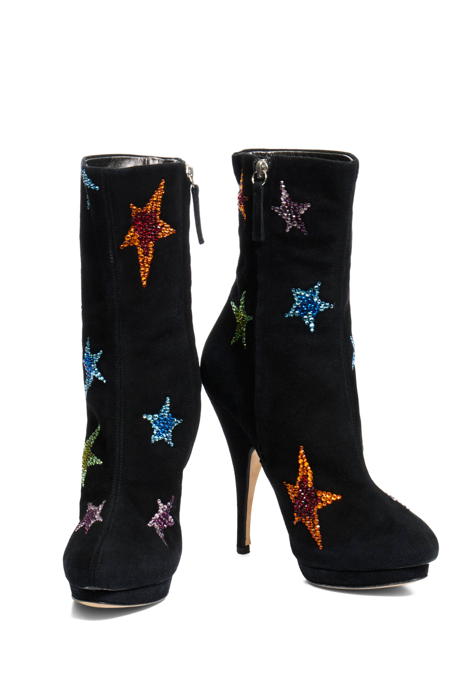 Giuseppe Zanotti Black high-heeled suede boots with colorful star patterns main photo on a white background