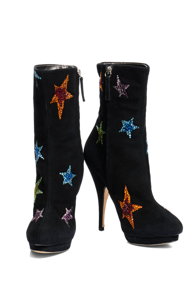 Giuseppe Zanotti Black high-heeled suede boots with colorful star patterns main photo on a white background