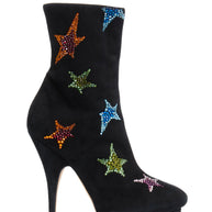 Giuseppe Zanotti Black high-heeled boots with colorful star embellishments side view on a white background