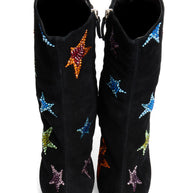 Giuseppe Zanotti Black suede ankle boots with colorful star patterns top view on a white background