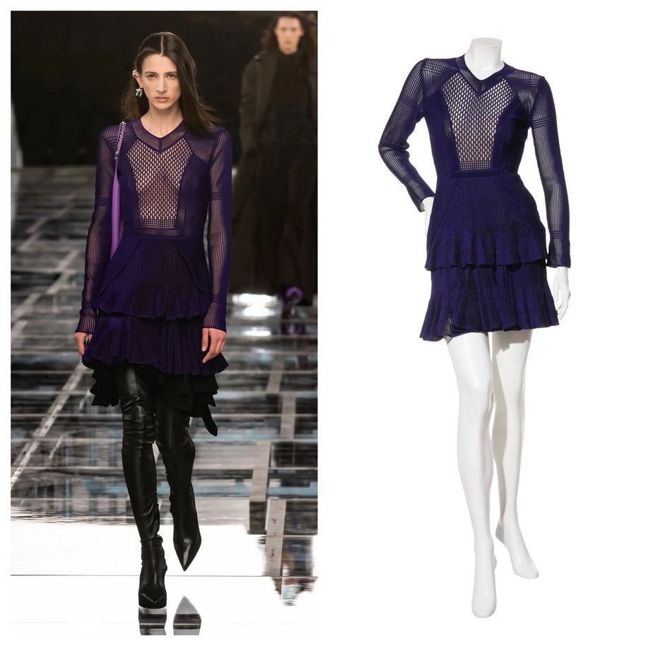 Givenchy Fall/Winter 2022 Runway Violet Mesh Rib Knit Pleated Tiered Mini Dress Size Small