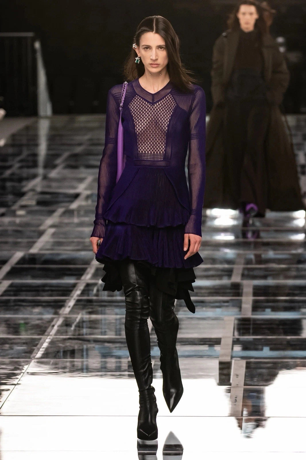 Givenchy Fall/Winter 2022 Runway Violet Mesh Rib Knit Pleated Tiered Mini Dress Size Small