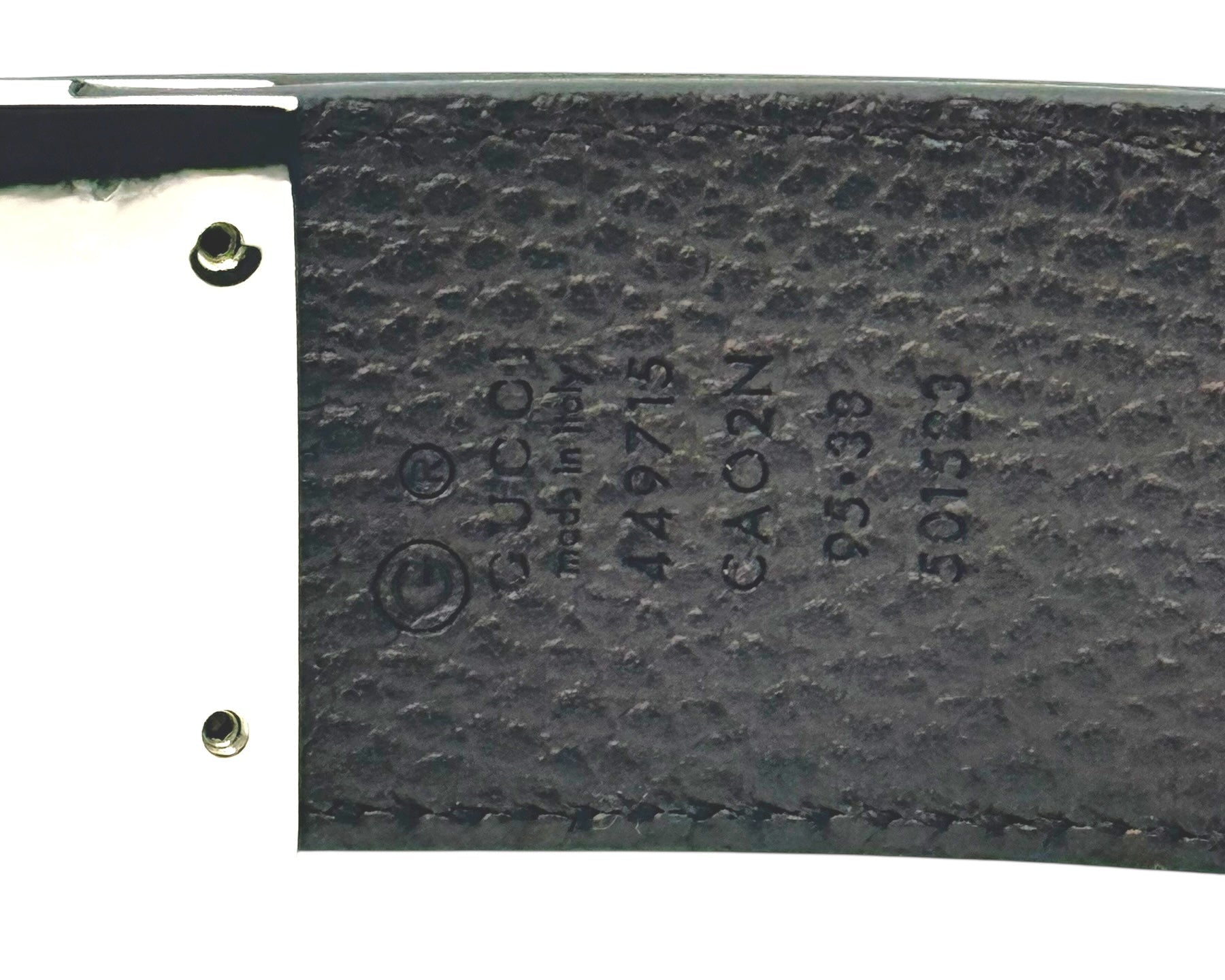 Reversible view of Gucci leather belt showing made in Italy stamp, style code 449715 CAO2N, and authentic branding details.