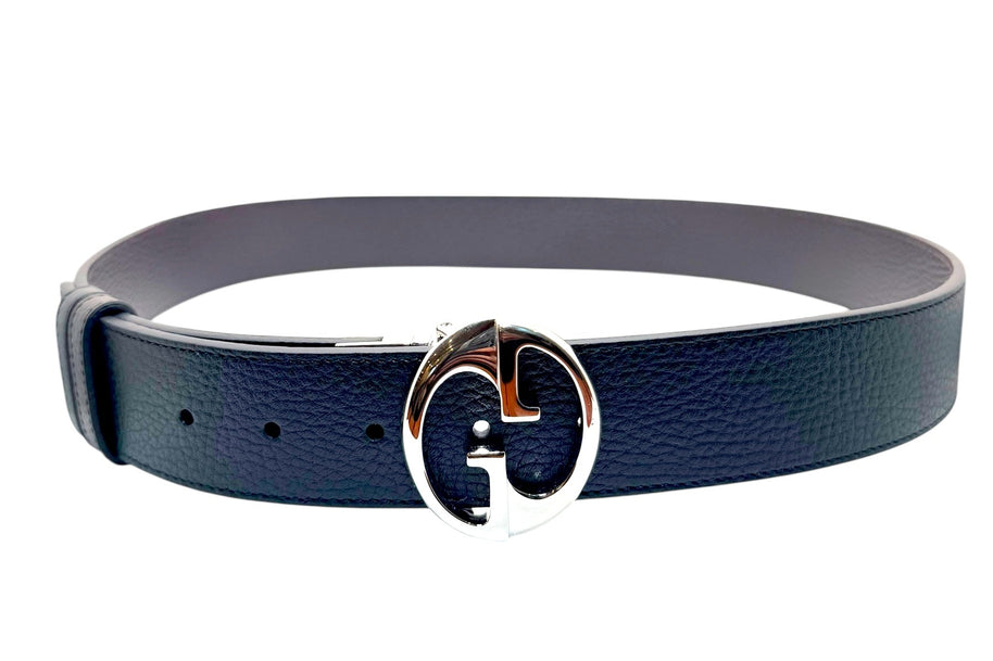 Full length view of Gucci black leather Interlocking G belt size 95 with textured grained finish and signature silver GG buckle.