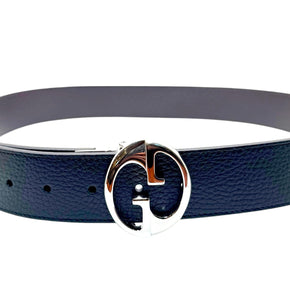 Full length view of Gucci black leather Interlocking G belt size 95 with textured grained finish and signature silver GG buckle.