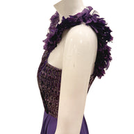 Close-up of purple feather-trim strap on Gucci evening gown.