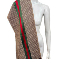 Gucci GG monogram wool silk scarf displayed vertically with iconic green red web stripe