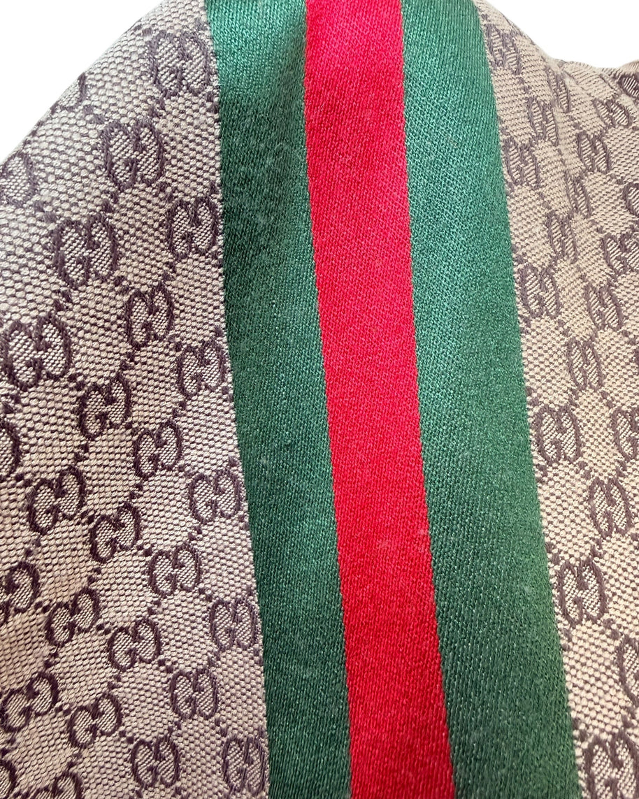 Detailed close-up of Gucci GG monogram pattern with signature green red web stripe