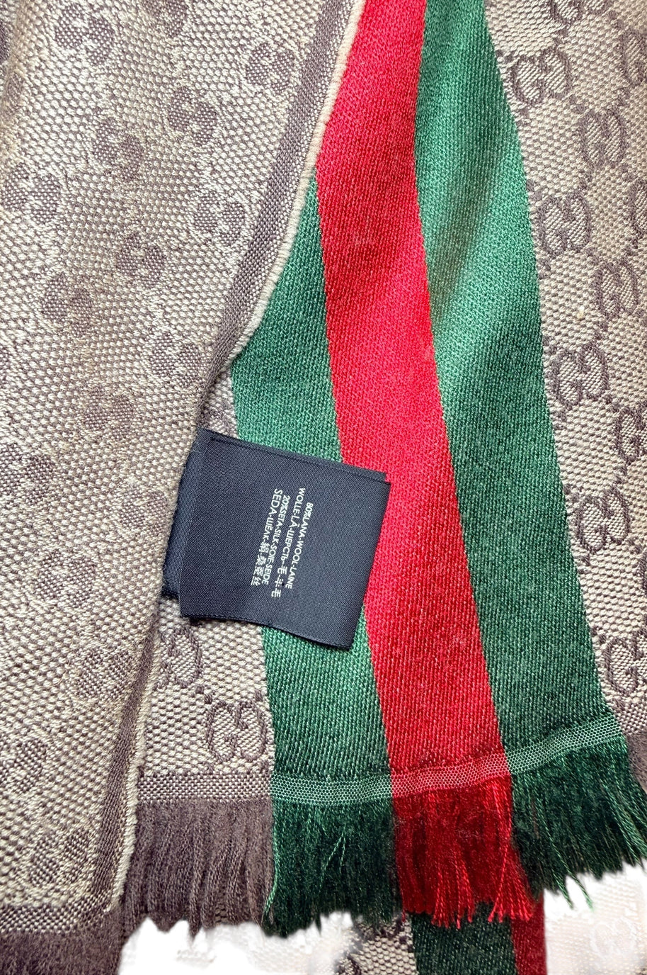 Gucci GG monogram scarf fringe trim with green red stripe and interior brand label