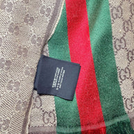 Gucci GG monogram scarf fringe trim with green red stripe and interior brand label