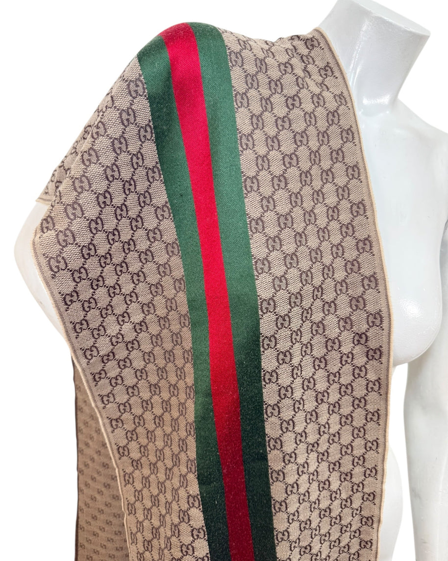 Close-up of Gucci GG monogram fabric with green red web stripe and woven wool silk texture