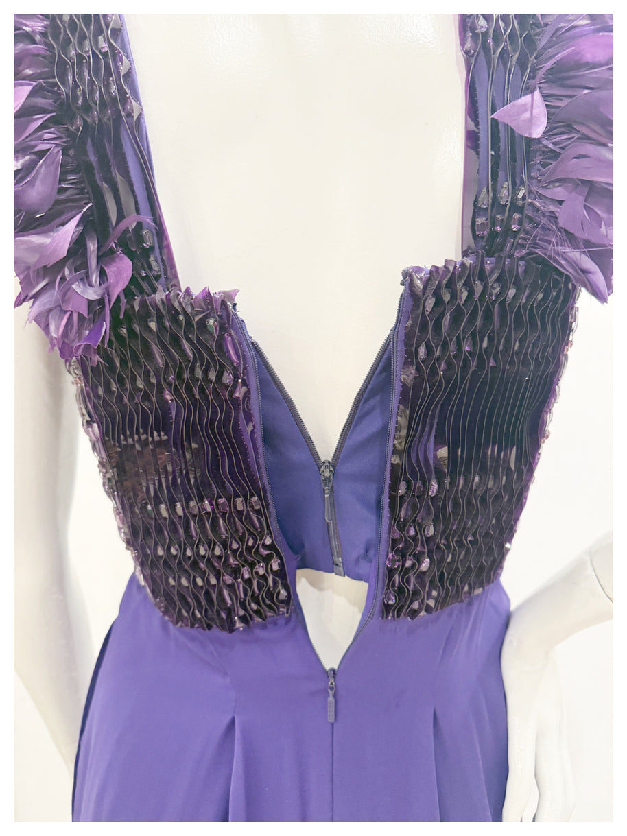 Close-up of back zipper and interior corset construction on Gucci purple embellished gown.