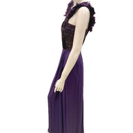 Right side view of Gucci purple embellished evening gown on mannequin.