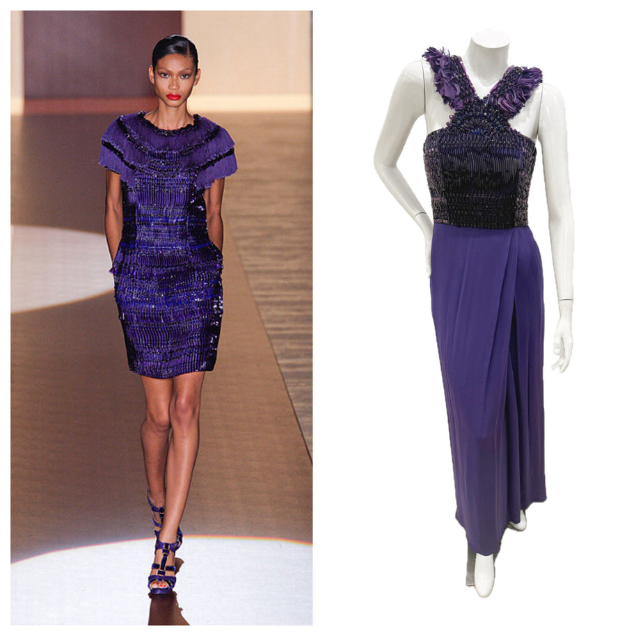 Side-by-side comparison of a Gucci purple embellished runway mini dress and the full-length purple Gucci embellished gown on a mannequin.