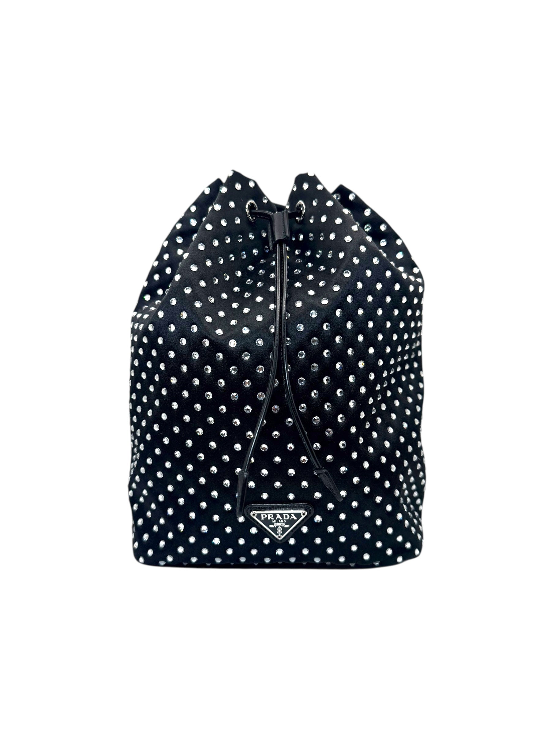 Prada Raso Black Crystal Satin Drawstring Pouch Bag | Bucket Evening Bag