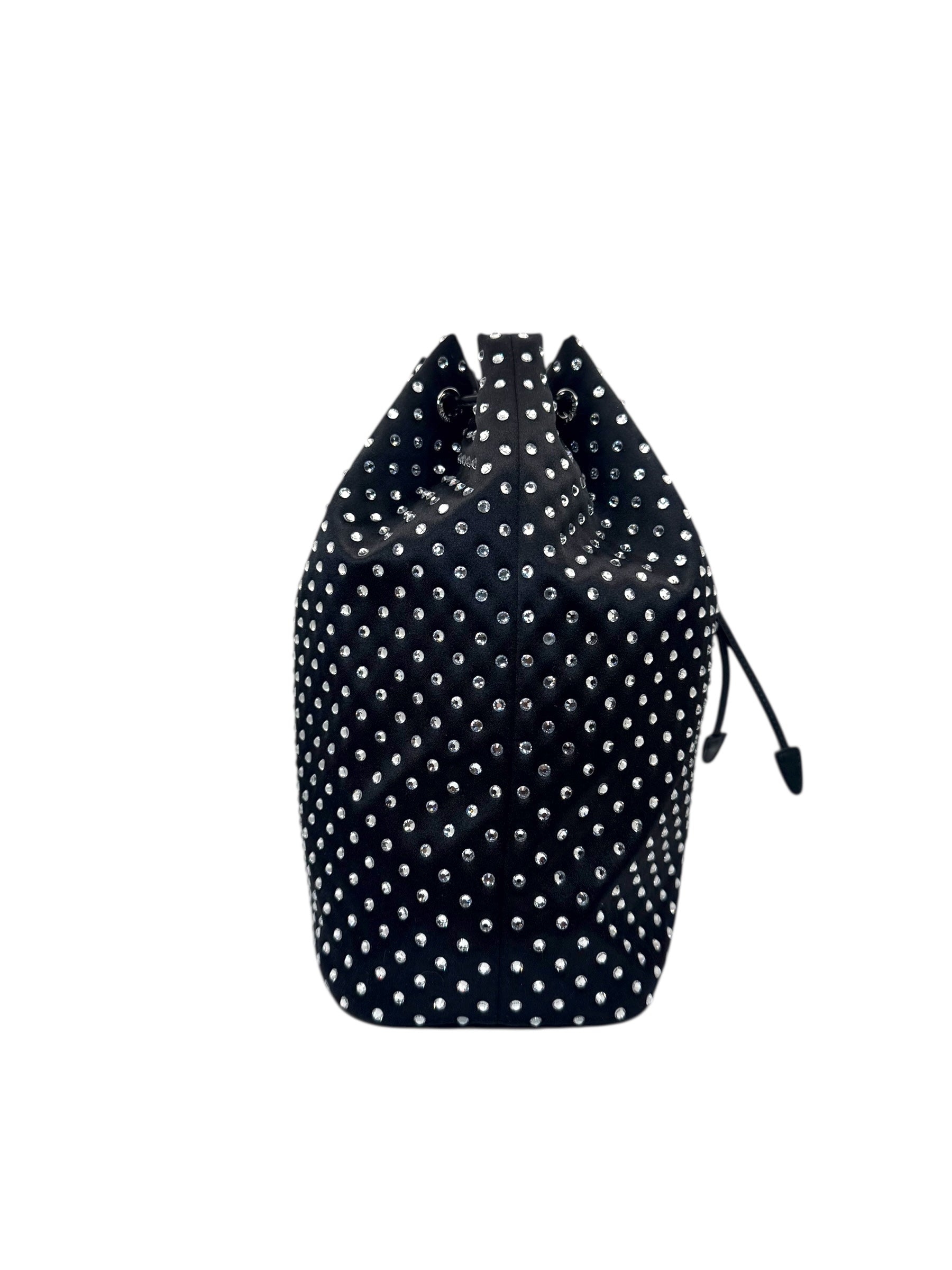 Prada Raso Black Crystal Satin Drawstring Pouch Bag | Bucket Evening Bag