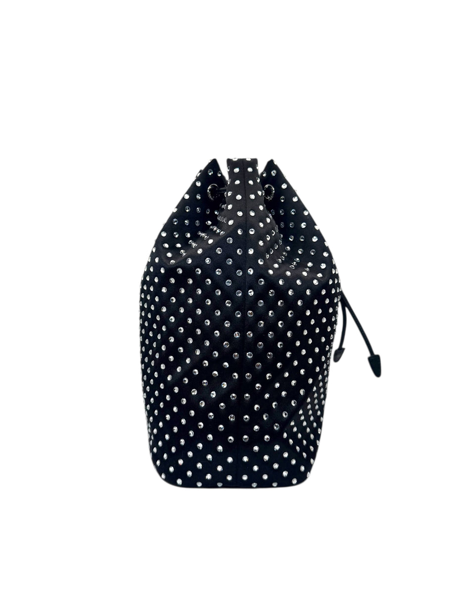 Prada Raso Black Crystal Satin Drawstring Pouch Bag | Bucket Evening Bag