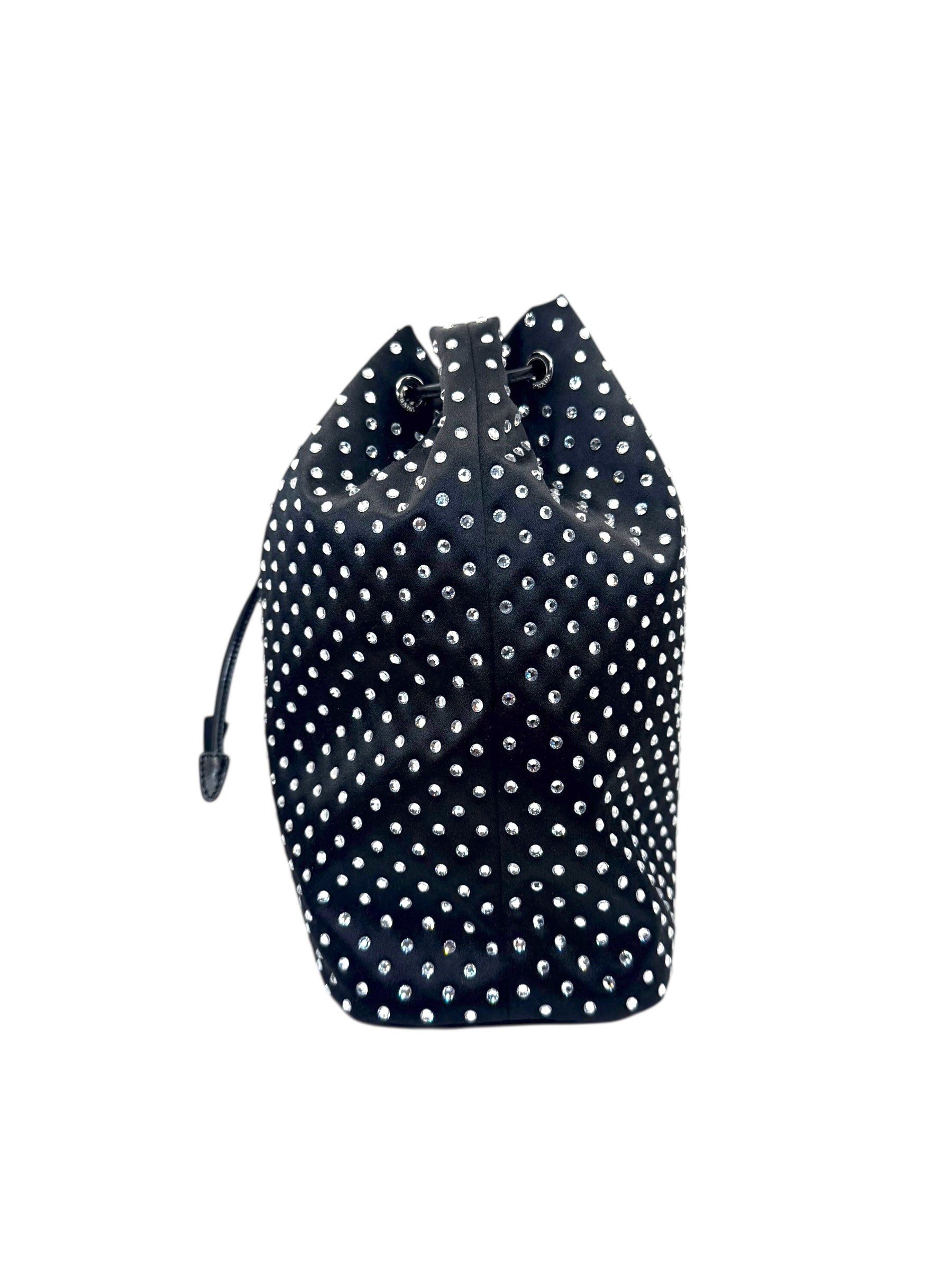 Prada Raso Black Crystal Satin Drawstring Pouch Bag | Bucket Evening Bag
