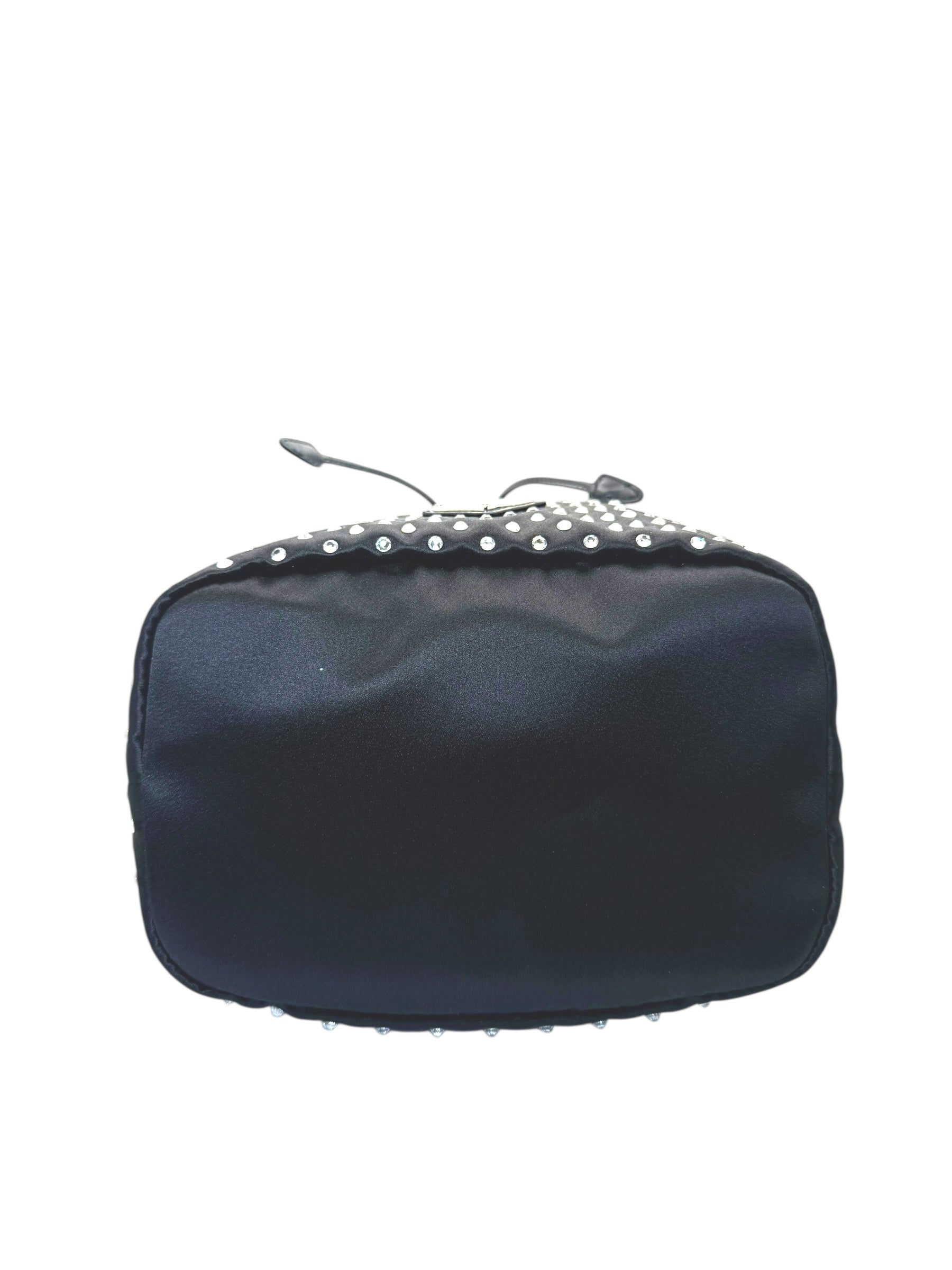 Prada Raso Black Crystal Satin Drawstring Pouch Bag | Bucket Evening Bag