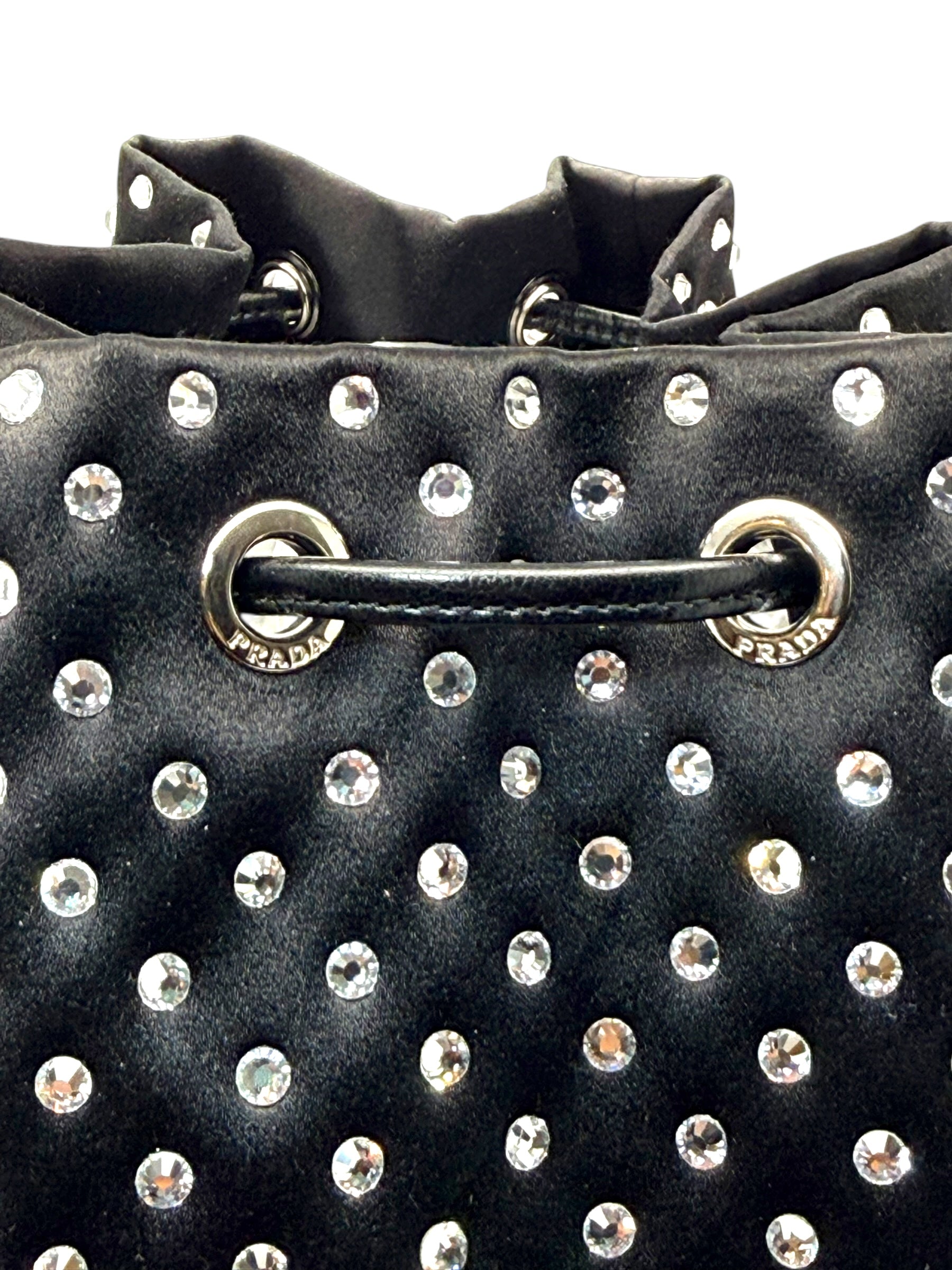 Prada Raso Black Crystal Satin Drawstring Pouch Bag | Bucket Evening Bag