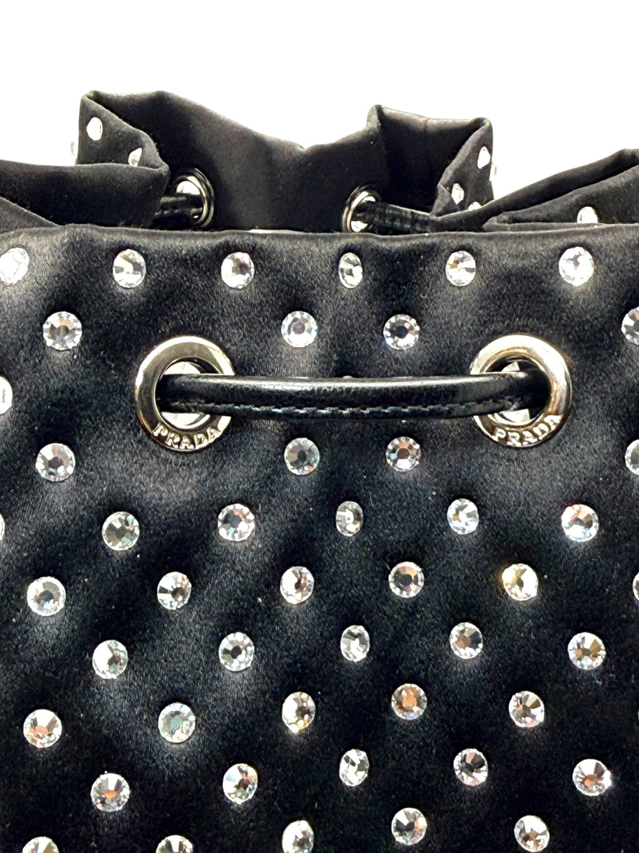 Prada Raso Black Crystal Satin Drawstring Pouch Bag | Bucket Evening Bag