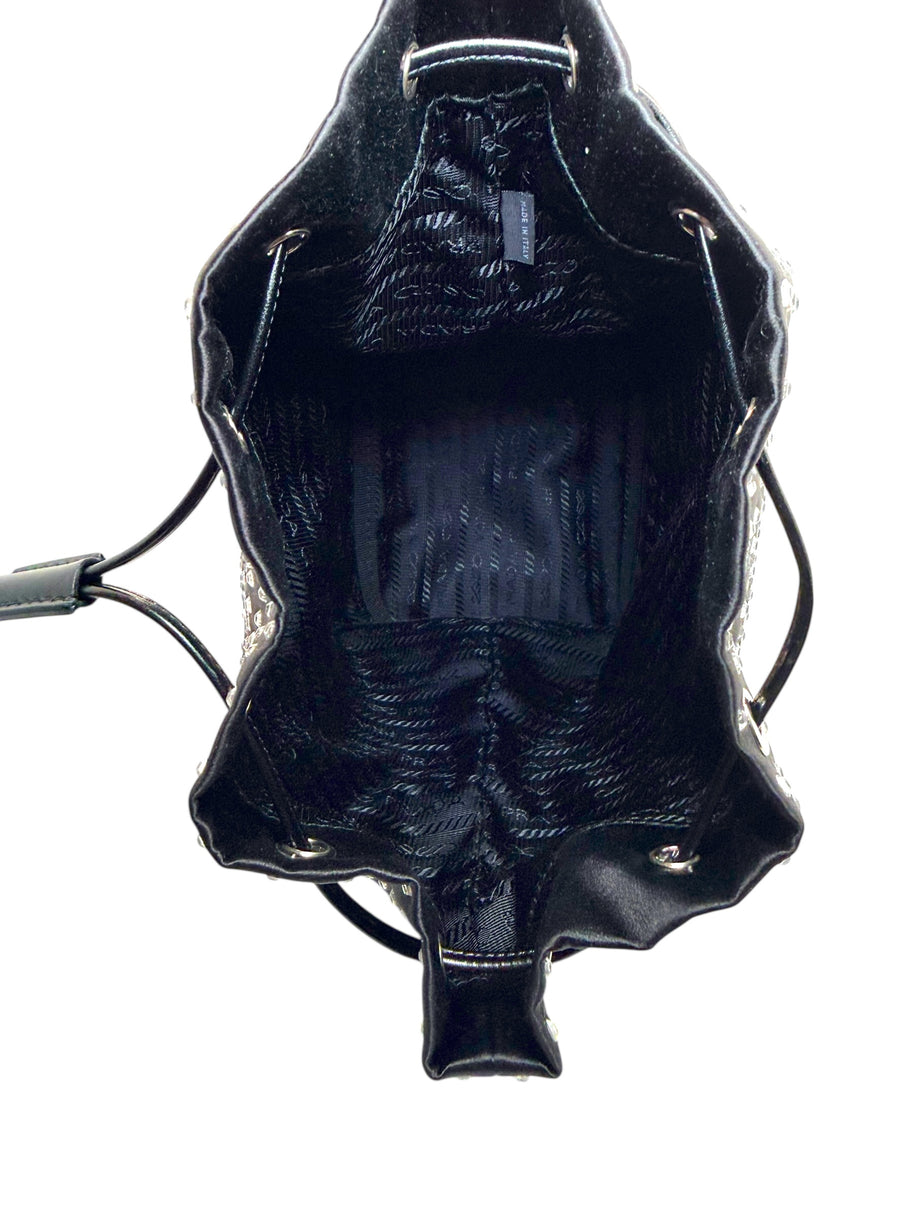 Prada Raso Black Crystal Satin Drawstring Pouch Bag | Bucket Evening Bag