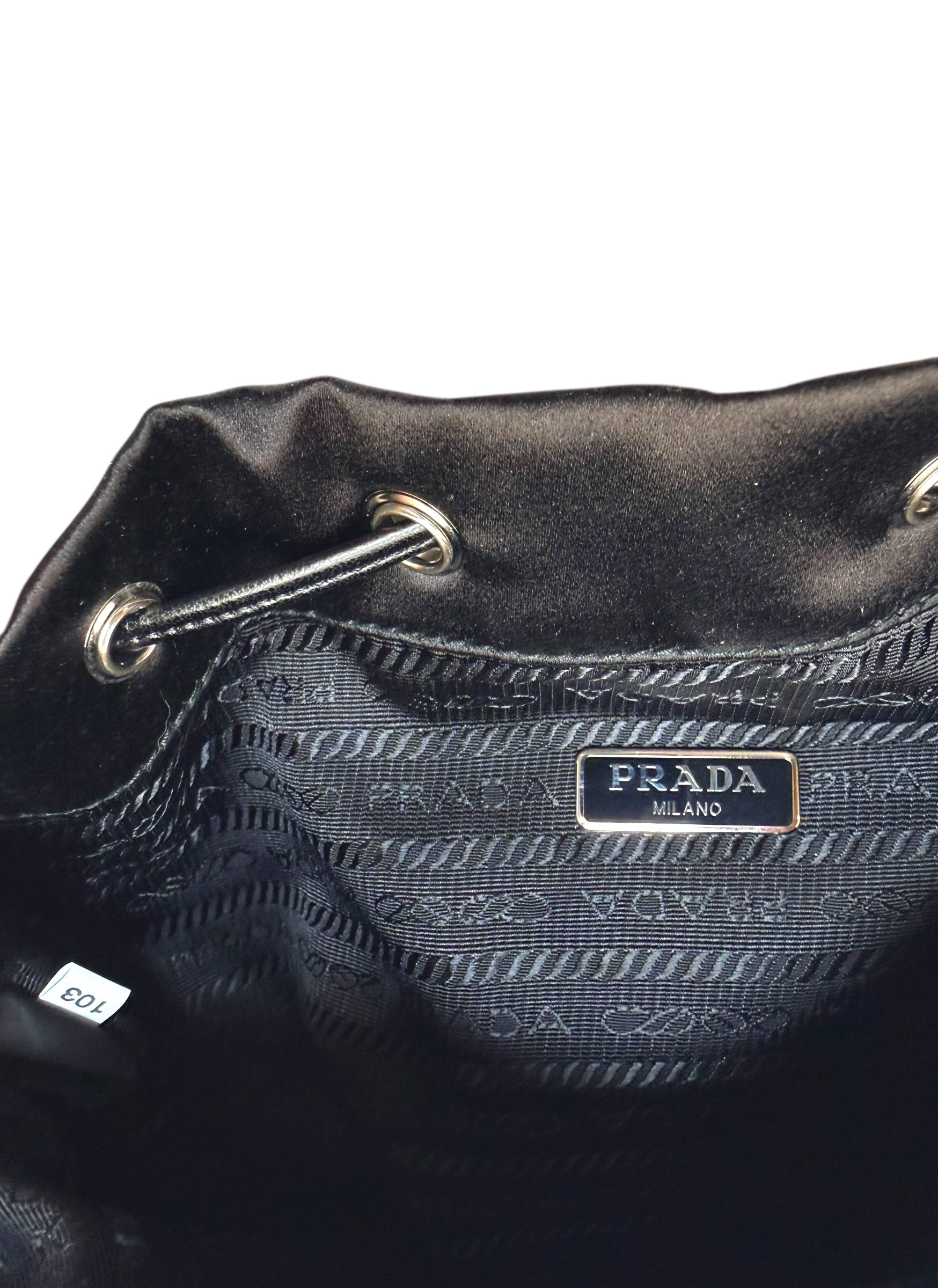 Prada Raso Black Crystal Satin Drawstring Pouch Bag | Bucket Evening Bag
