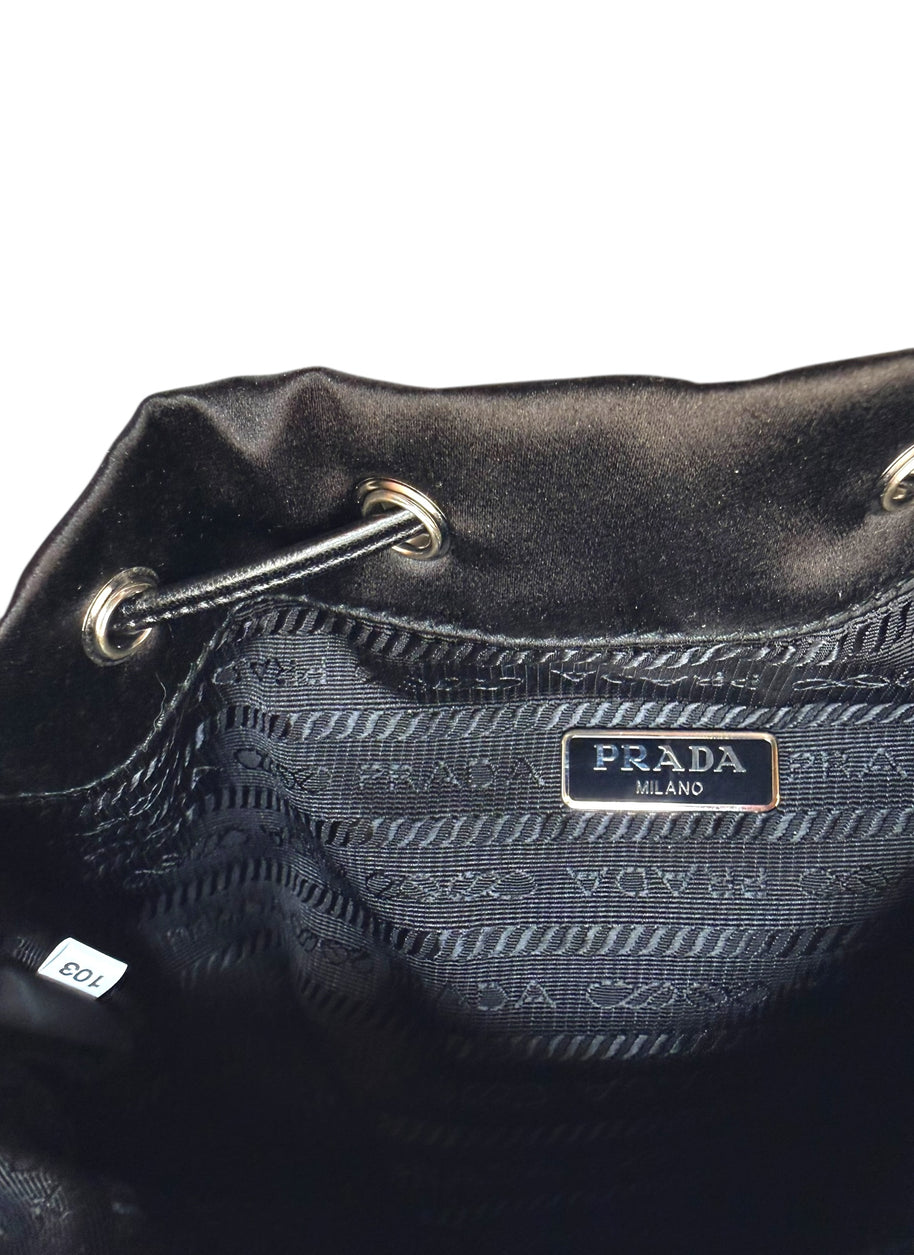 Prada Raso Black Crystal Satin Drawstring Pouch Bag | Bucket Evening Bag