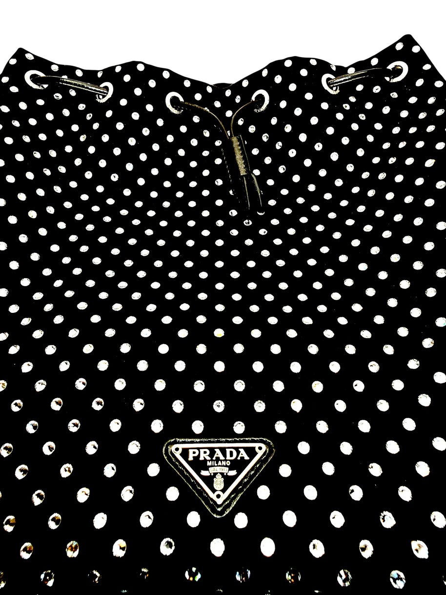 Prada Raso Black Crystal Satin Drawstring Pouch Bag | Bucket Evening Bag