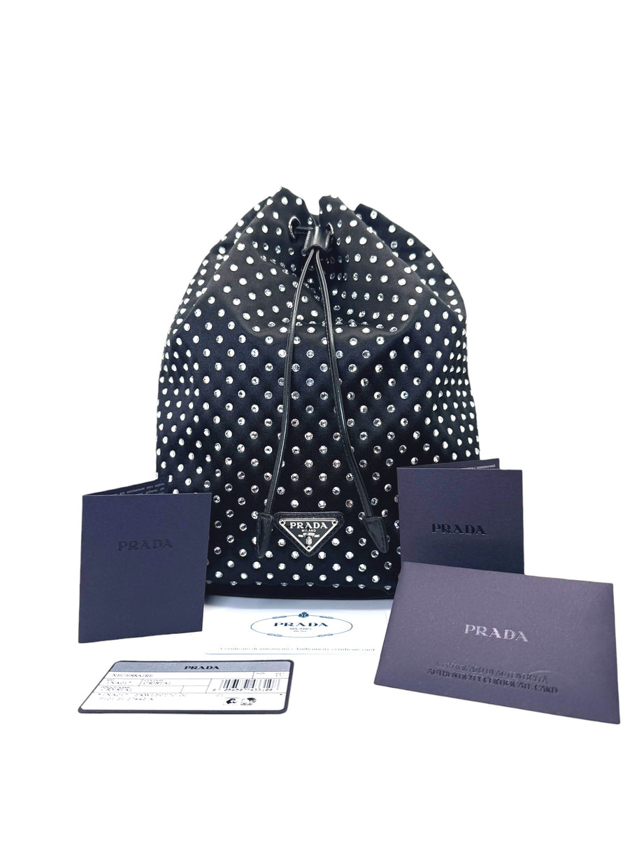 Prada Raso Black Crystal Satin Drawstring Pouch Bag | Bucket Evening Bag
