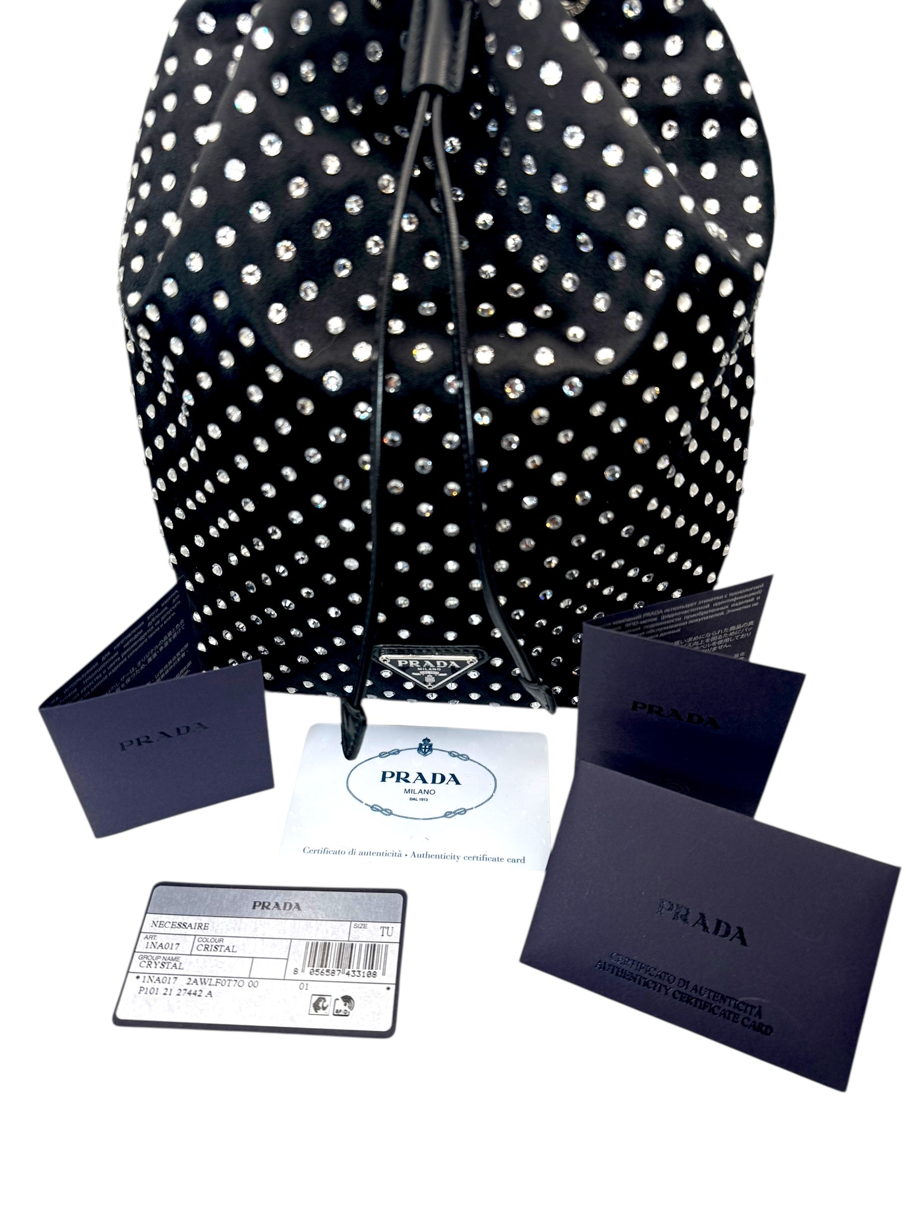 Prada Raso Black Crystal Satin Drawstring Pouch Bag | Bucket Evening Bag