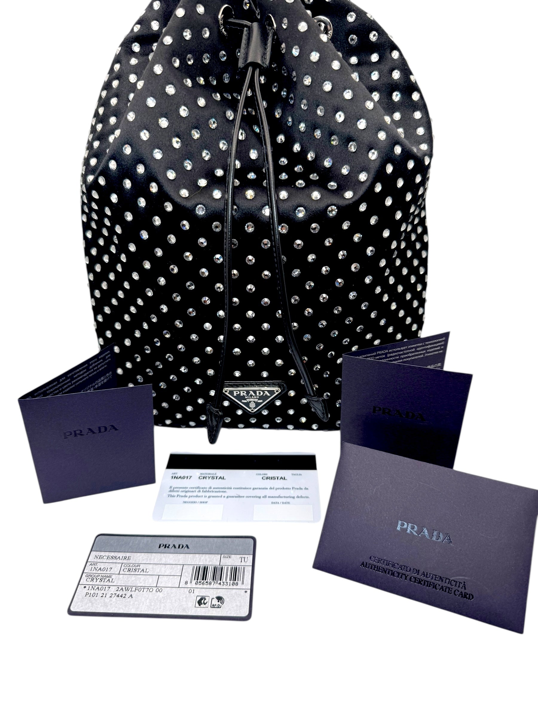 Prada Raso Black Crystal Satin Drawstring Pouch Bag | Bucket Evening Bag