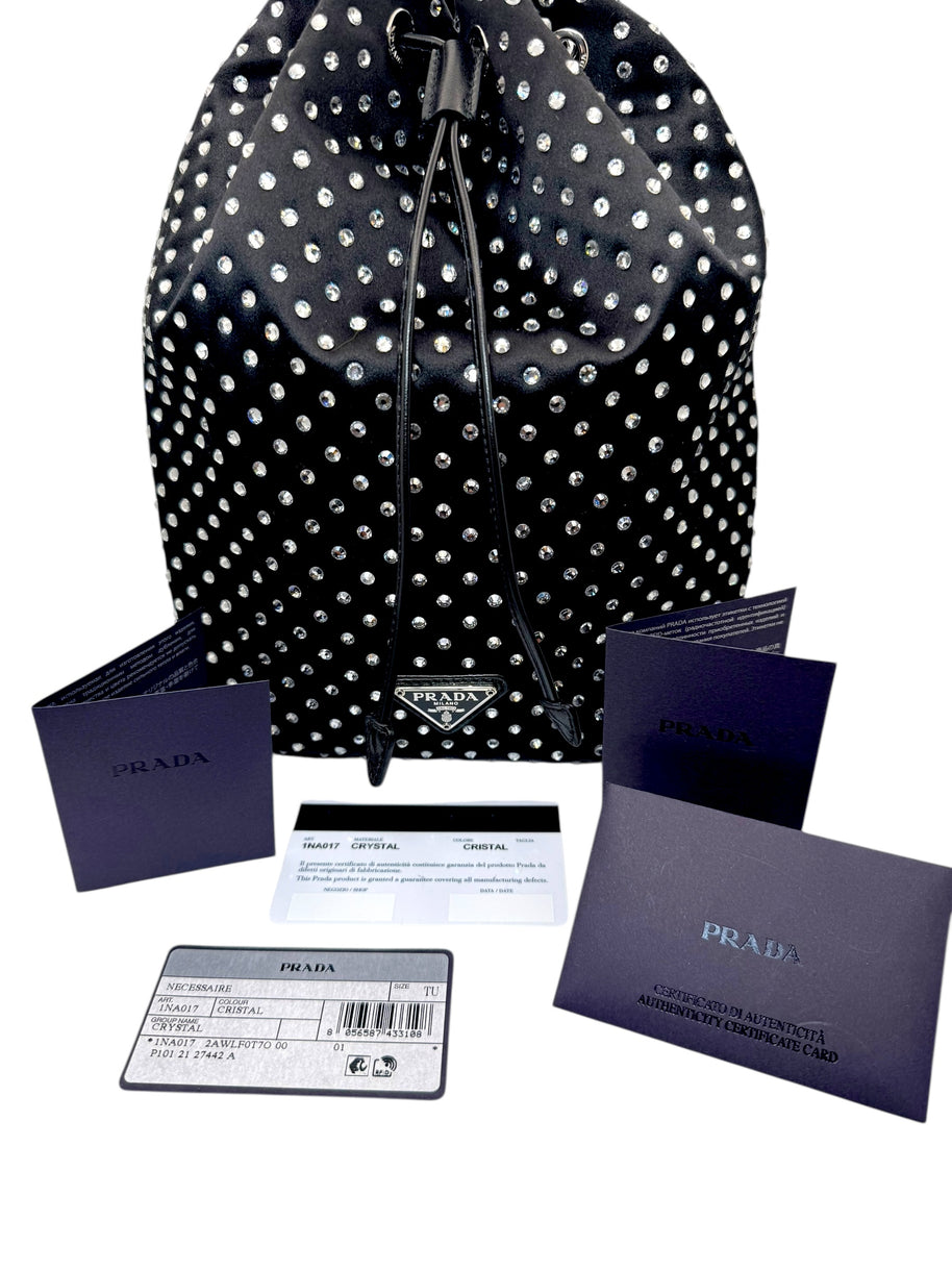 Prada Raso Black Crystal Satin Drawstring Pouch Bag | Bucket Evening Bag