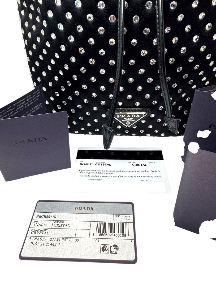 Prada Raso Black Crystal Satin Drawstring Pouch Bag | Bucket Evening Bag