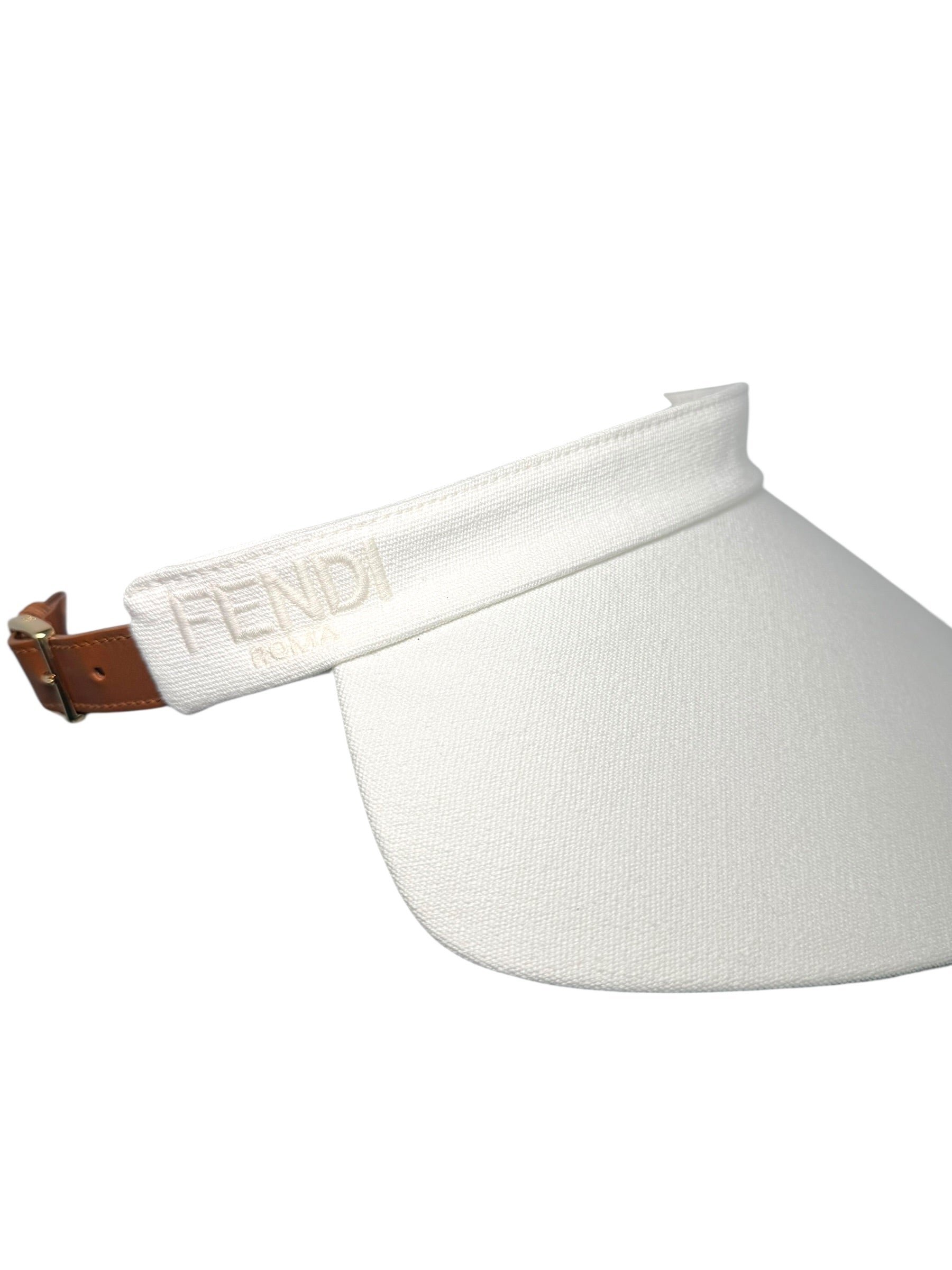 Fendi White Canvas Visor Hat with Leather Strap Made in Italy One Size