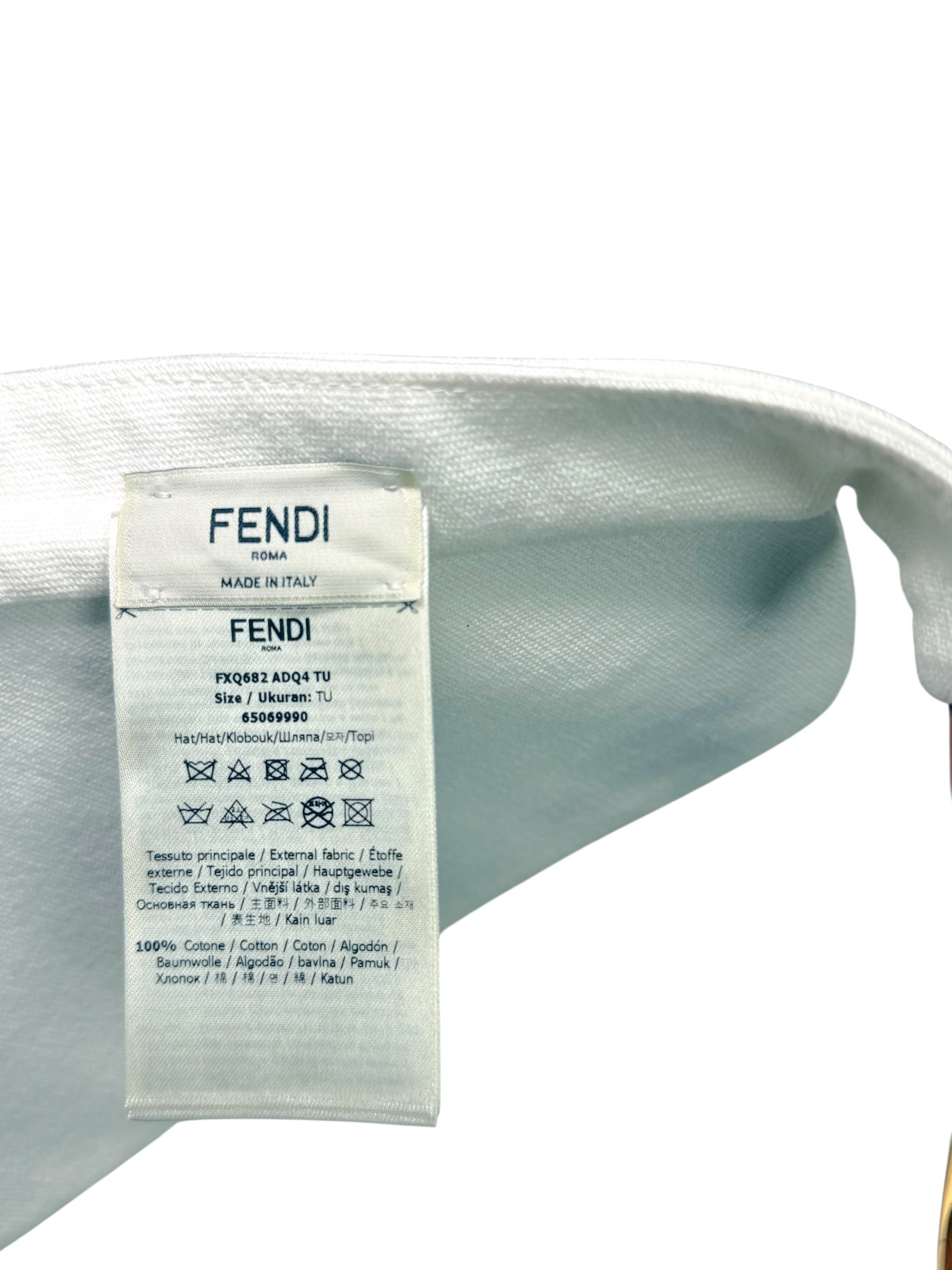 Fendi White Canvas Visor Hat with Leather Strap Made in Italy One Size