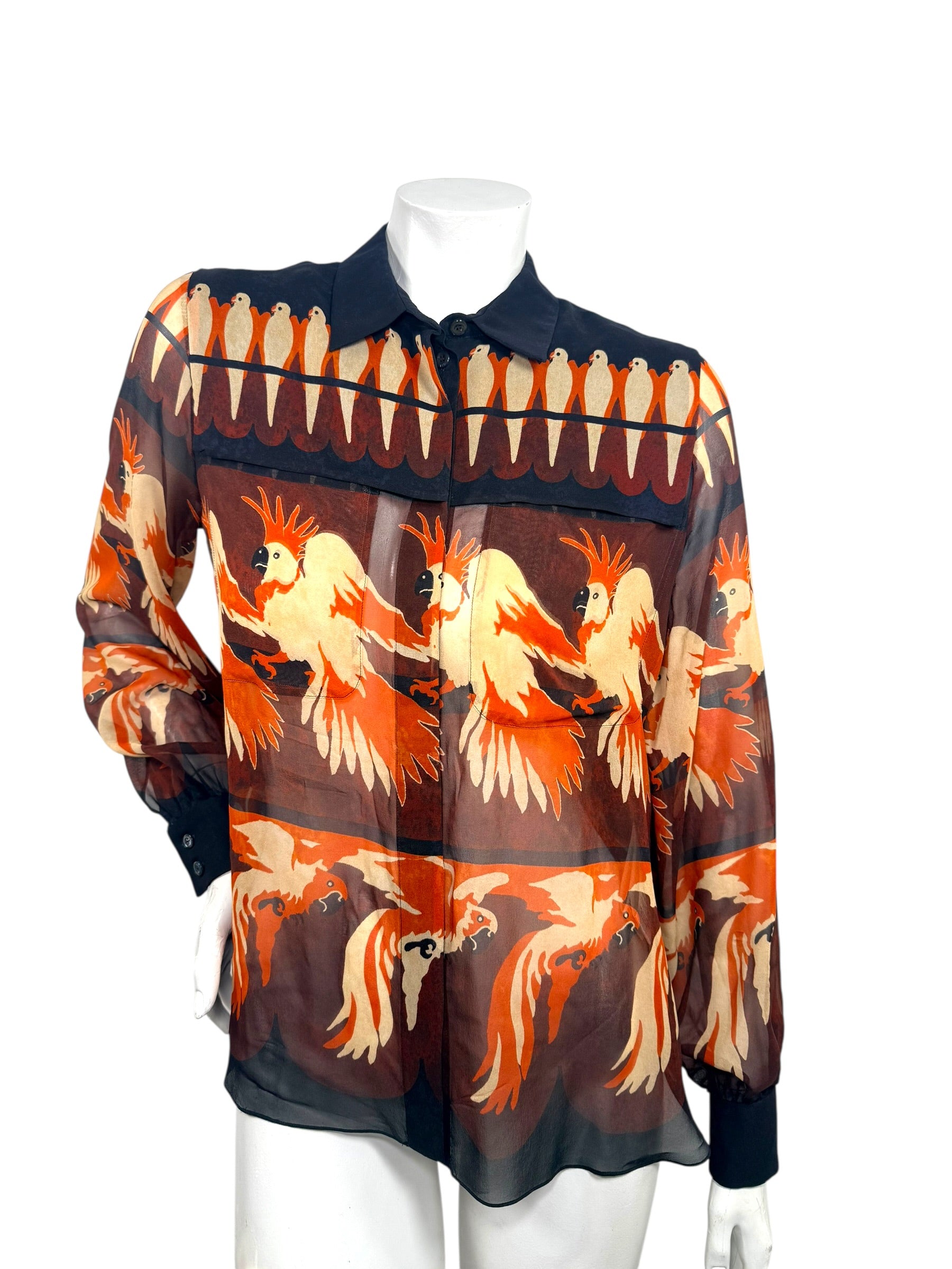 Fendi SS2019 Runway Silk Bird Print Button-Front Blouse IT 40