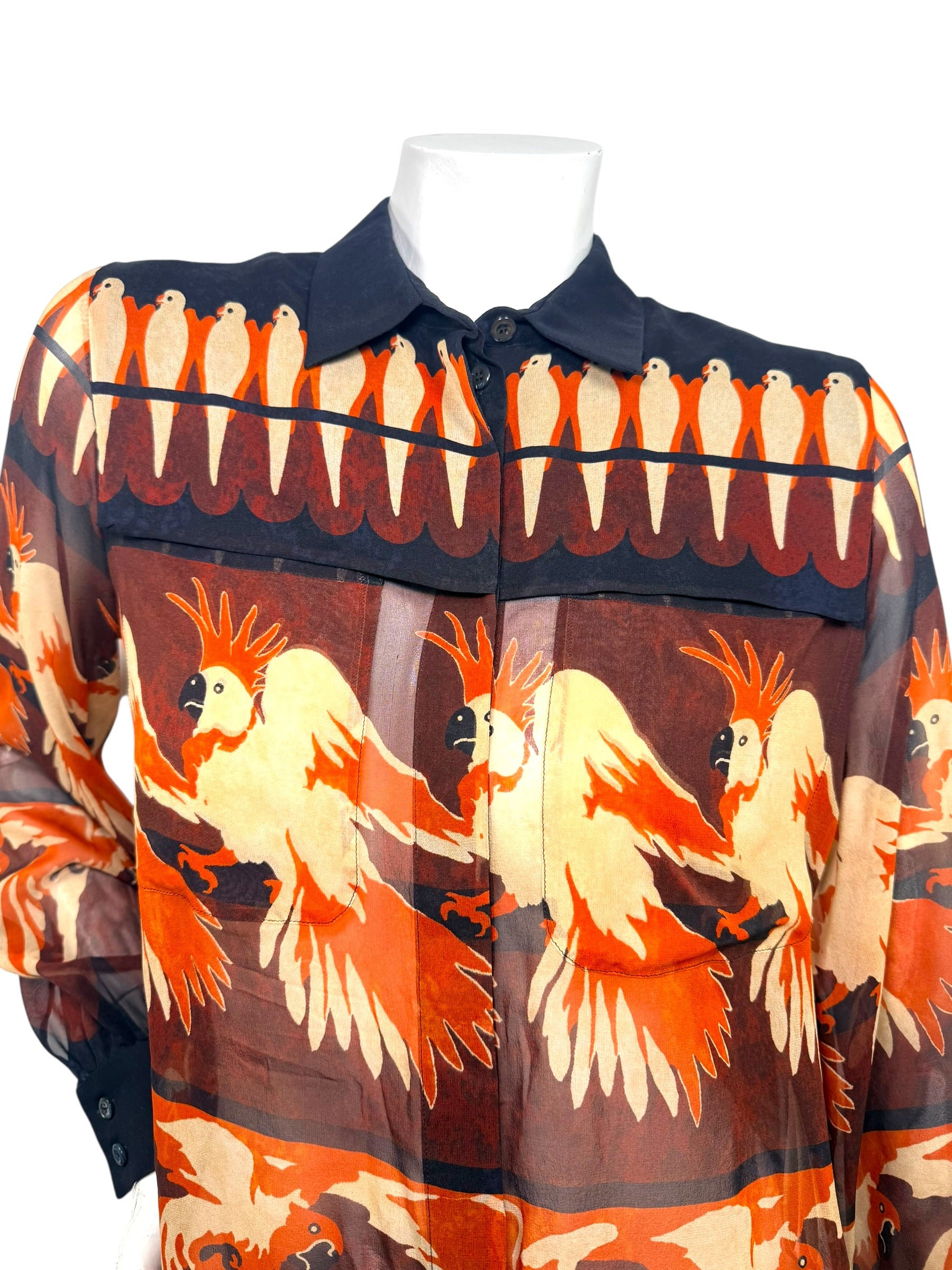 Fendi SS2019 Runway Silk Bird Print Button-Front Blouse IT 40