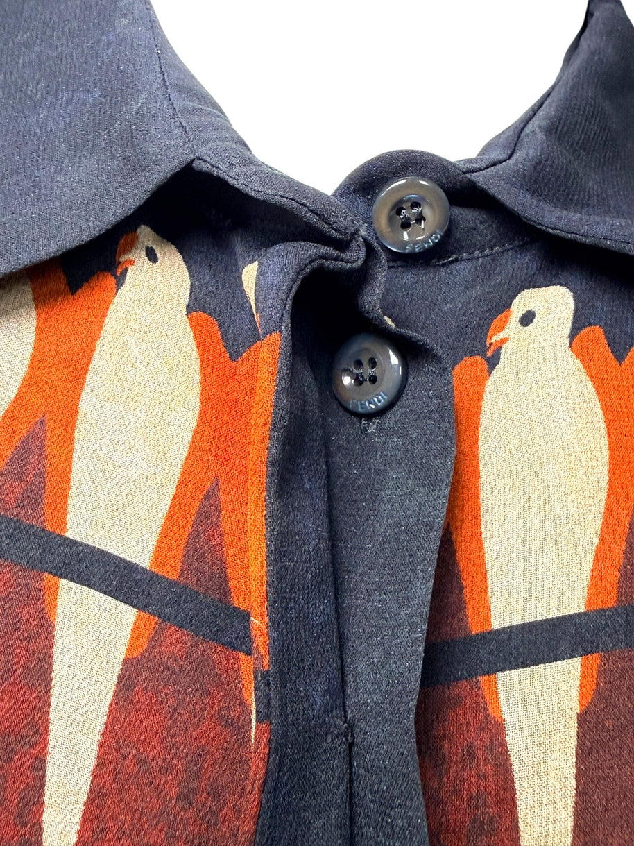 Fendi SS2019 Runway Silk Bird Print Button-Front Blouse IT 40