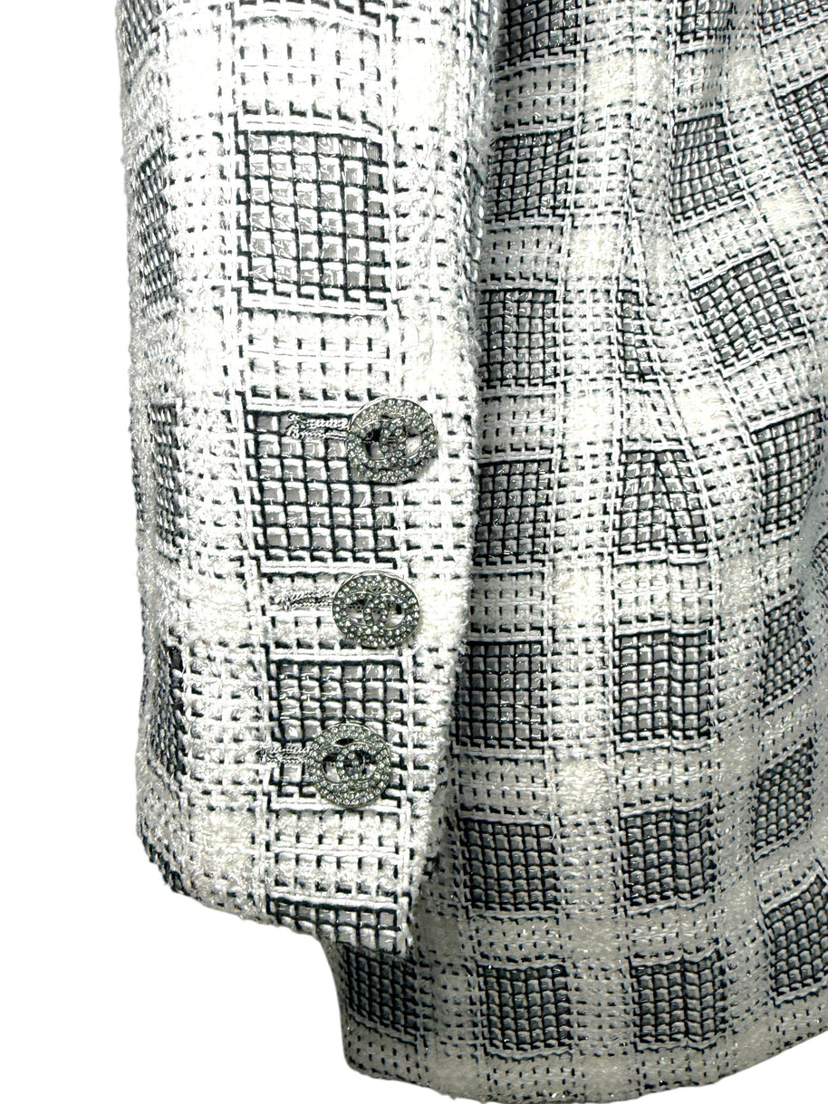 Chanel 2020P Tweed Blazer Dress Jacket FR 36 Ivory Black CC Buttons