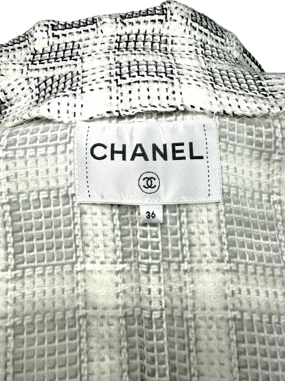 Chanel 2020P Tweed Blazer Dress Jacket FR 36 Ivory Black CC Buttons