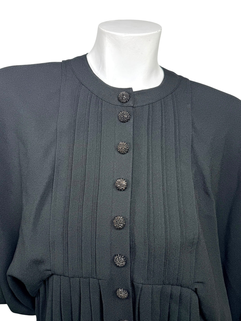 Celine Paris Black Pleated Empire Waist Dress FR 36 Silk Lined Made in France