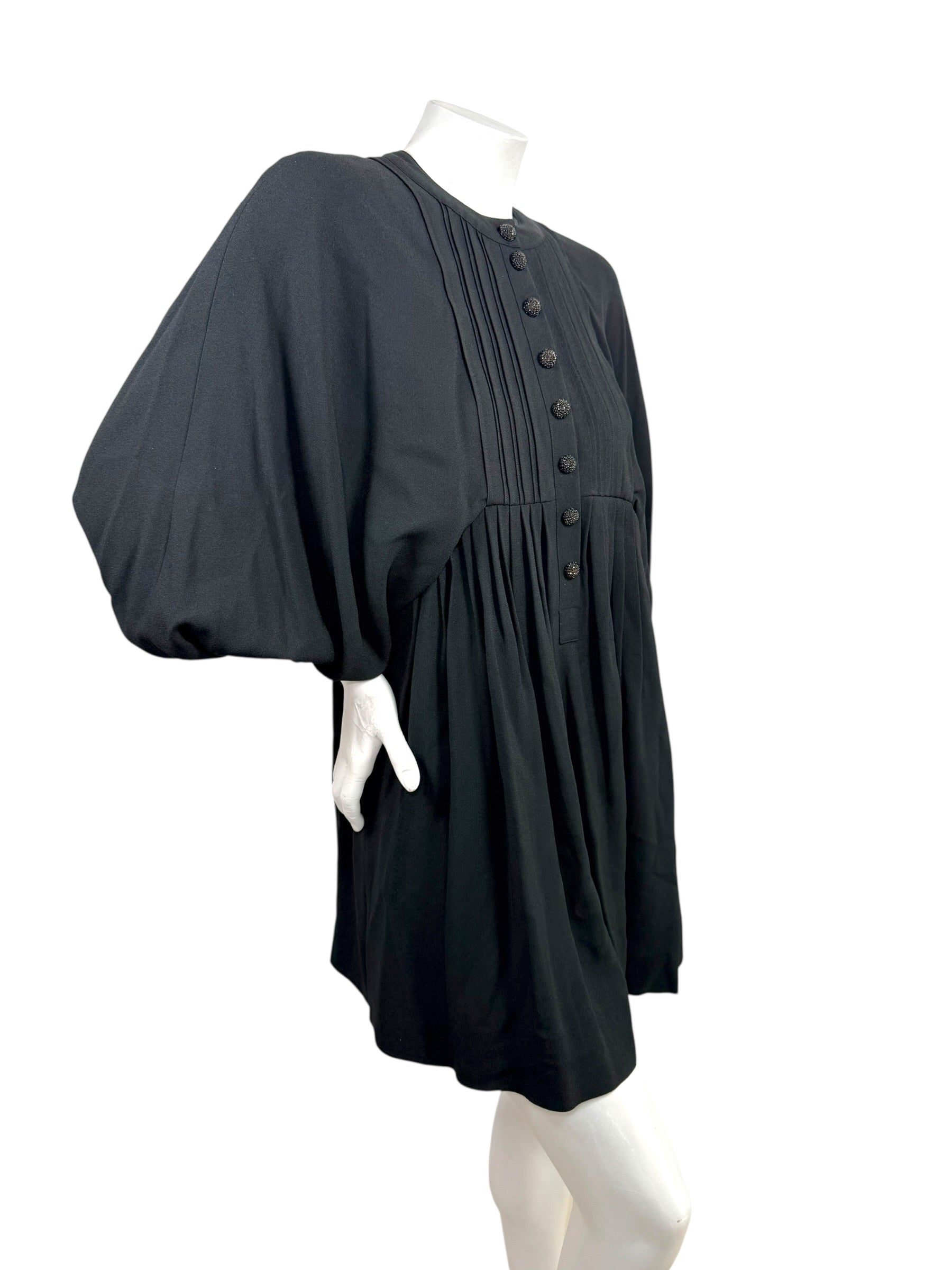 Celine Paris Black Pleated Empire Waist Dress FR 36 Silk Lined Made in France